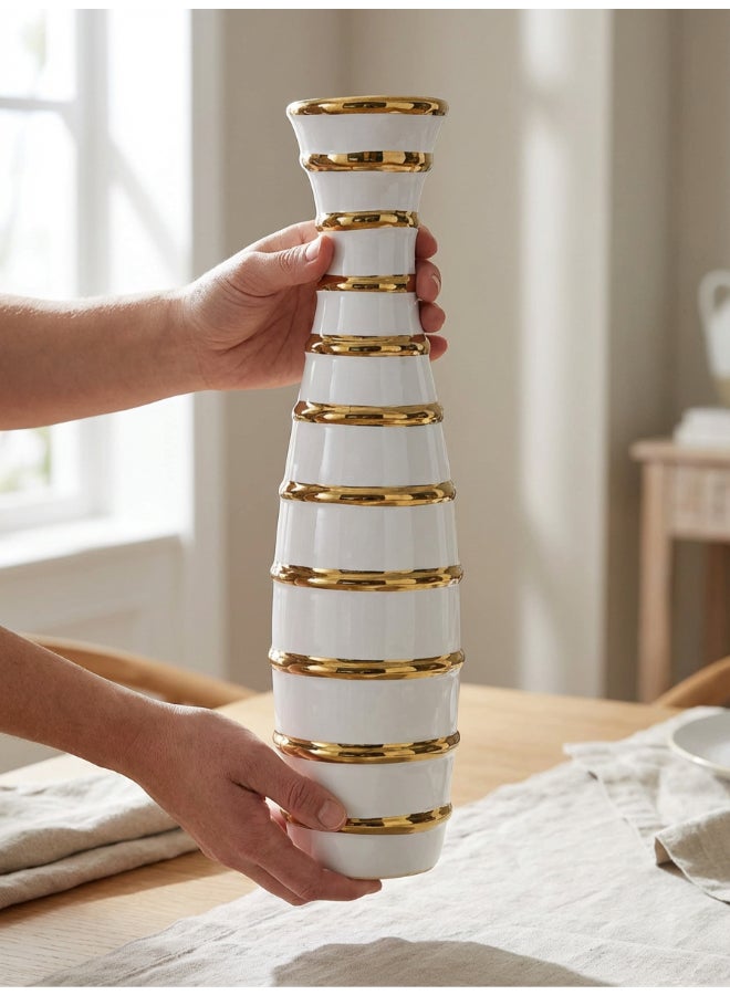 ايست من نون Ceramic Vase for Floral Decorative arrangement, Ht-44 cm |  Gold White Color | Ribbed Rays Design | Size -10.5x10.5x44 cm | Perfect for decorativing your living room, Ideal for decorating coffee table, dinning table, console table or any office or living space - Image 4